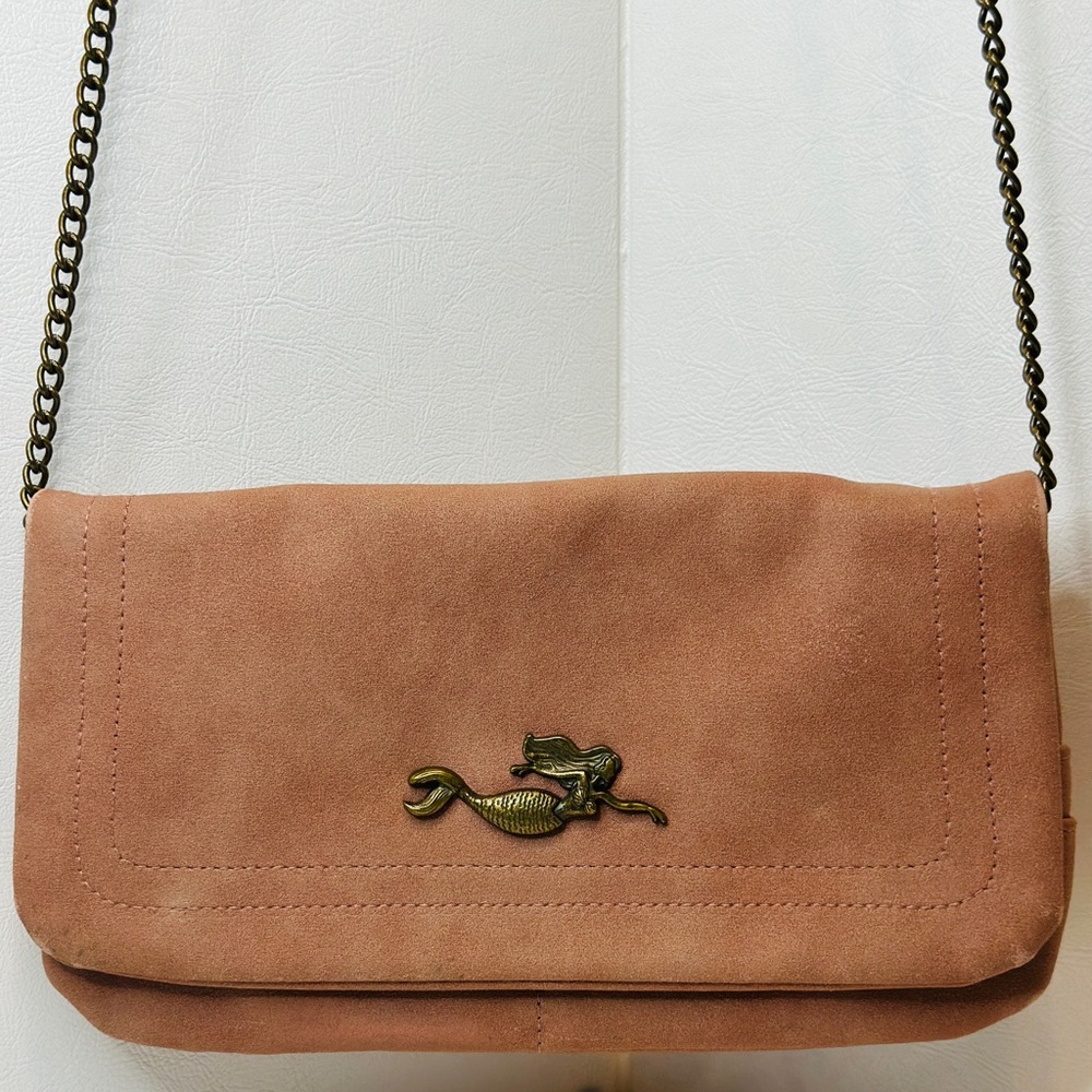 Mauve Dusty Pink Mermaid Faux Suede Crossbody with Brass Tone Hardware